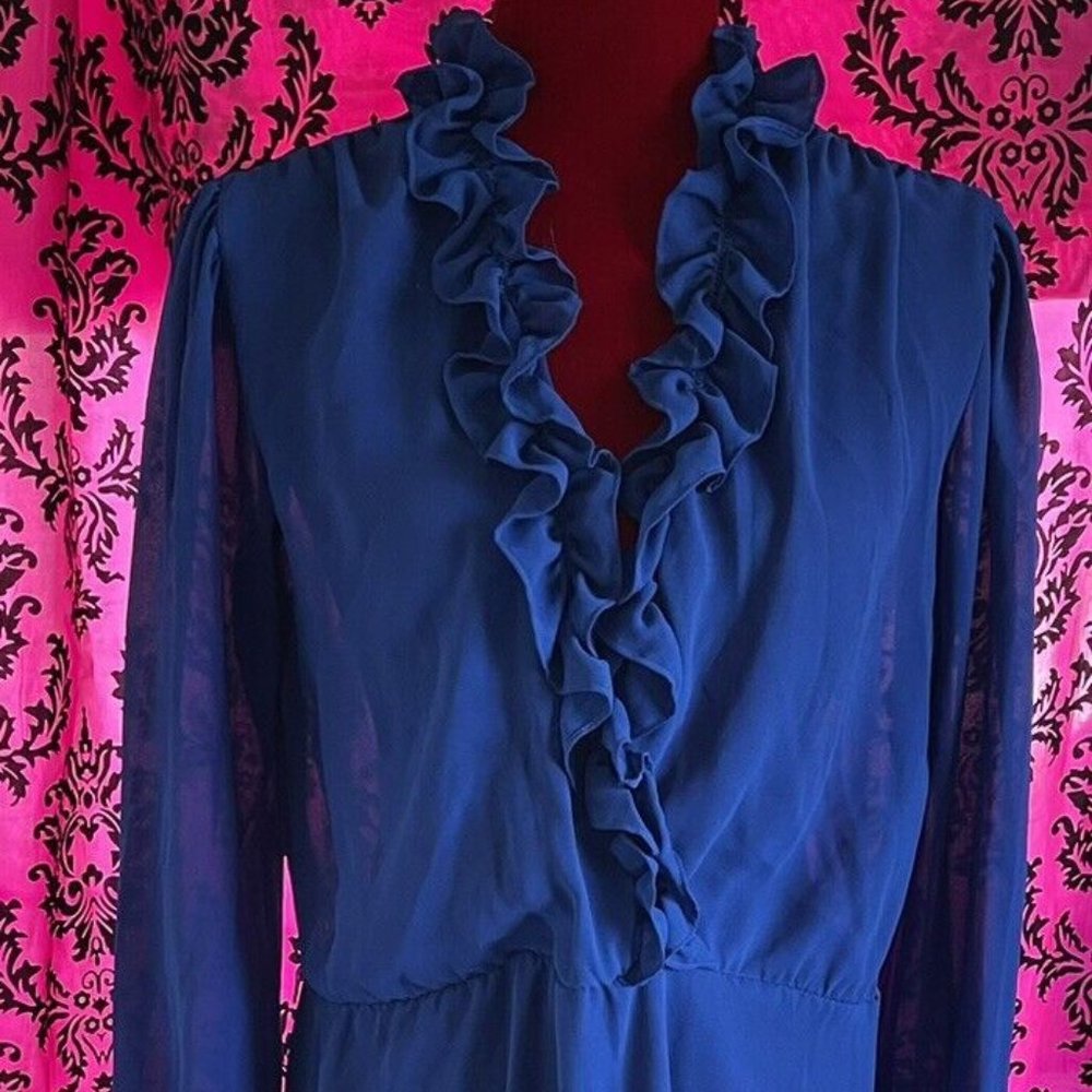 Vintage 80s Royal Blue Sheer Long sleeve Ruffle Open V Neck Midi Dress Size 8